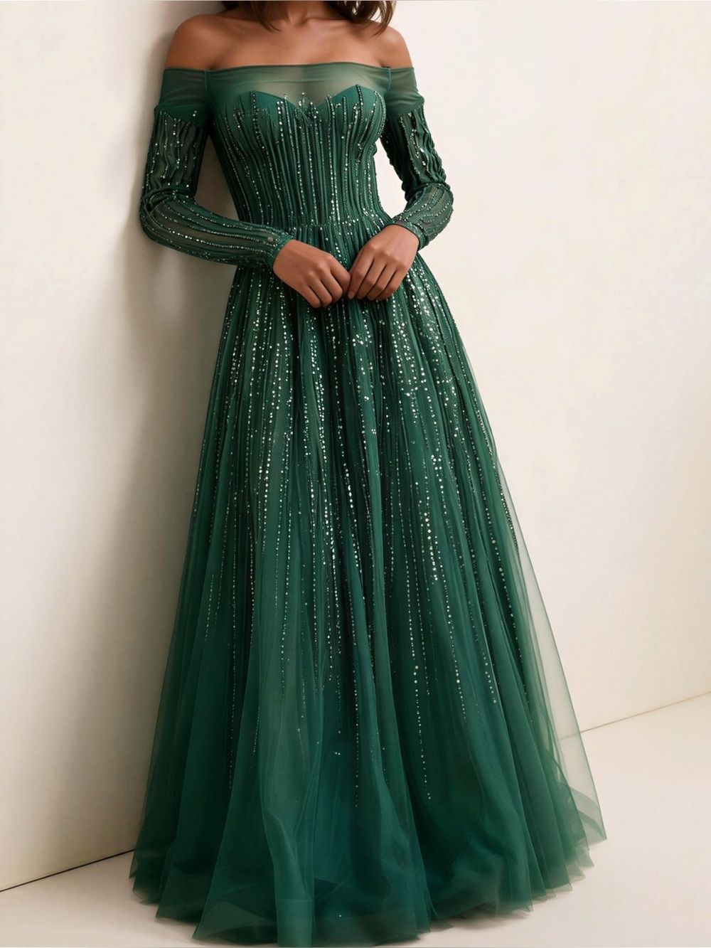FOUAD SARKIS COUTURE Allure Off-Shoulder Sequin Gown, Emerald Green, FR40/US8